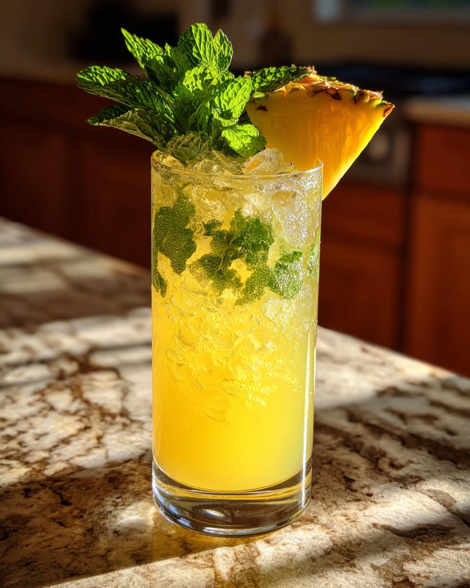 A tall glass filled with ice, pineapple juice, and mint leaves, garnished with a pineapple wedge and fresh mint. This is a Pineapple Mint Sparkler.