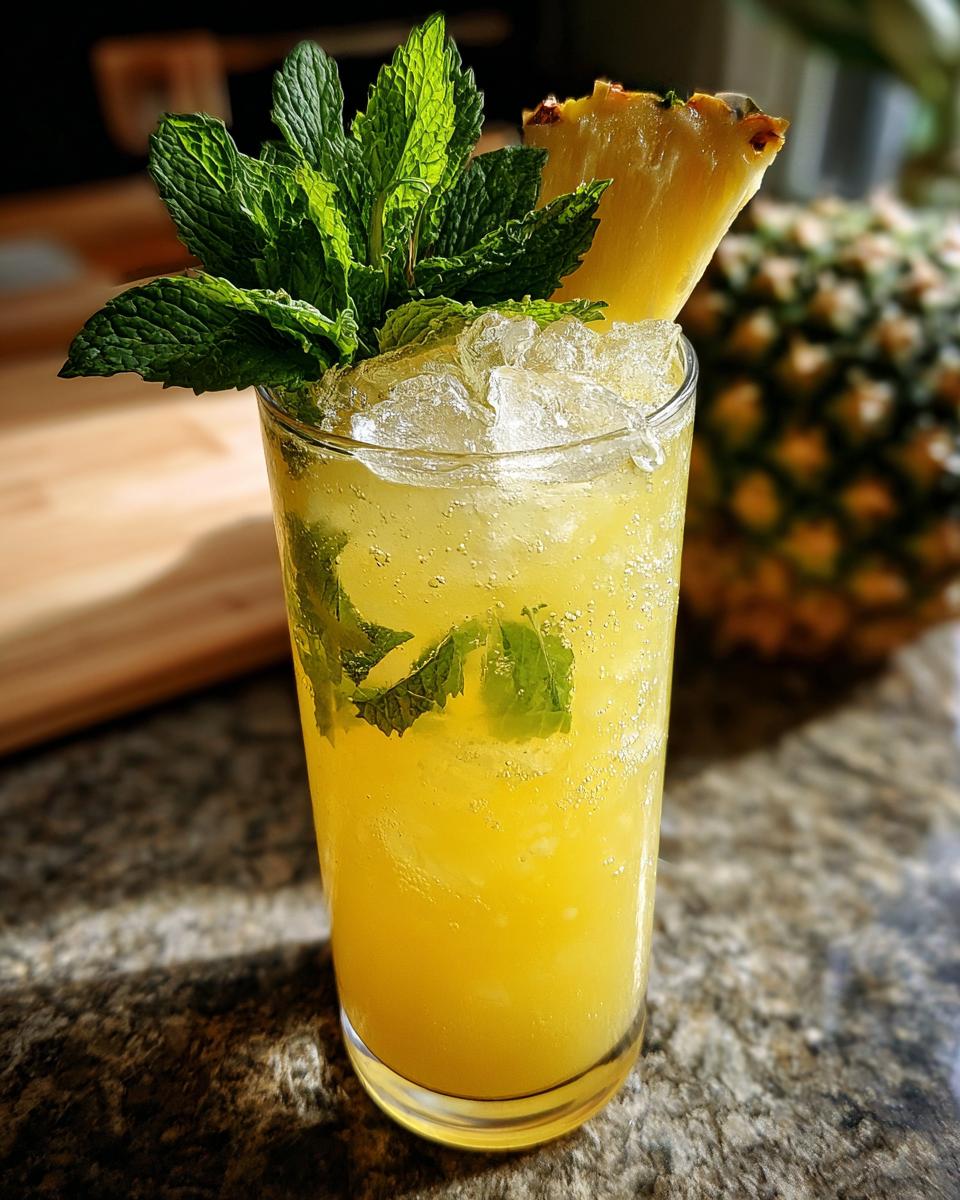 A tall glass filled with a yellow Pineapple Mint Sparkler, crushed ice, mint leaves, and a pineapple slice garnish.
