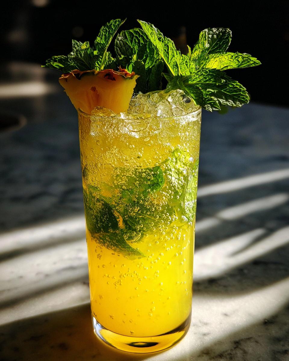 A tall glass filled with a vibrant Pineapple Mint Sparkler, garnished with fresh mint and a pineapple wedge.