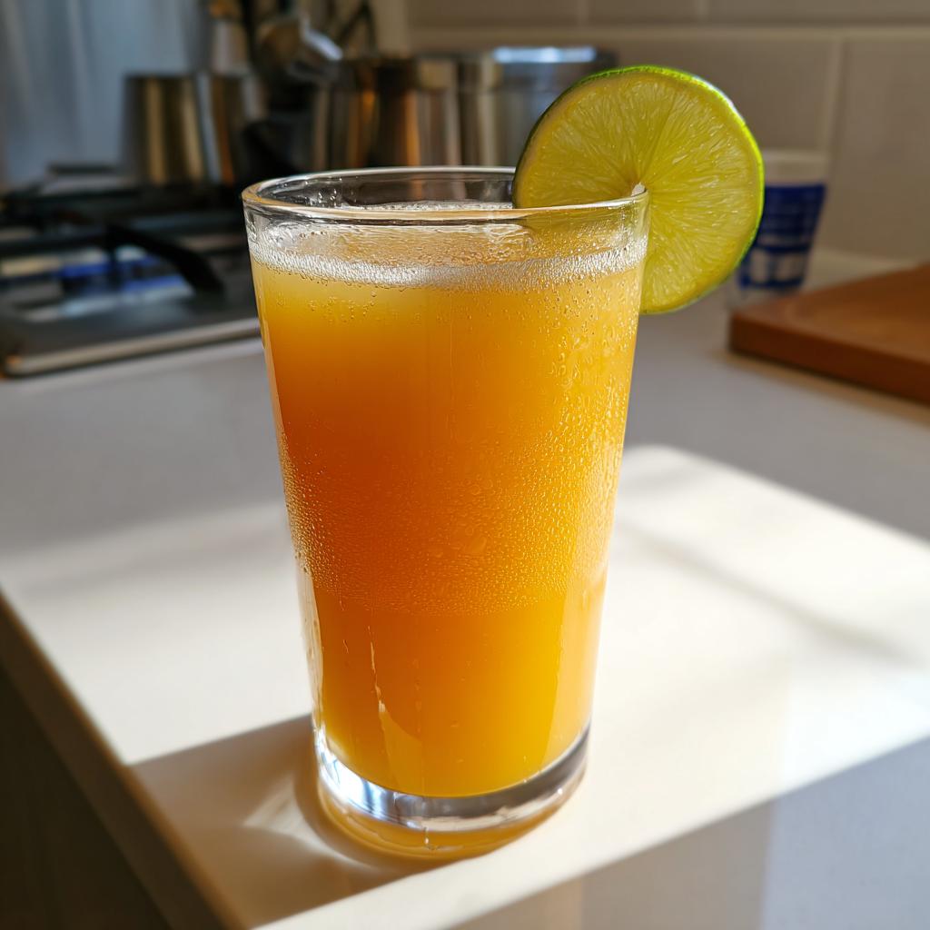 A refreshing glass of Pineapple Spirulina Energizer with a lime wedge garnish.
