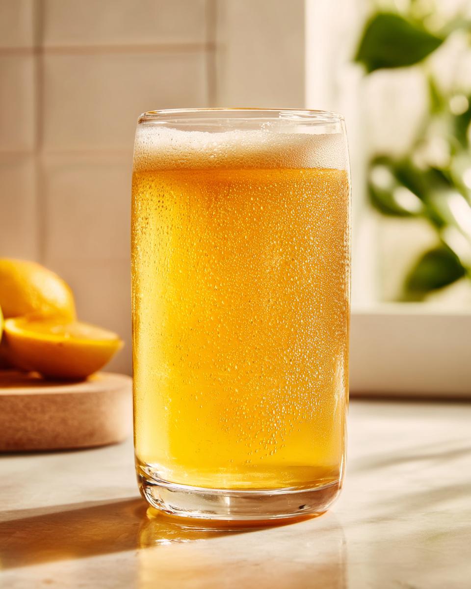 A tall glass filled with a vibrant yellow Pineapple Spirulina Energizer drink, topped with foam and condensation.