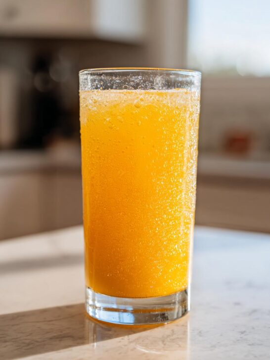 A tall glass filled with a vibrant orange Pineapple Spirulina Energizer drink, covered in condensation.