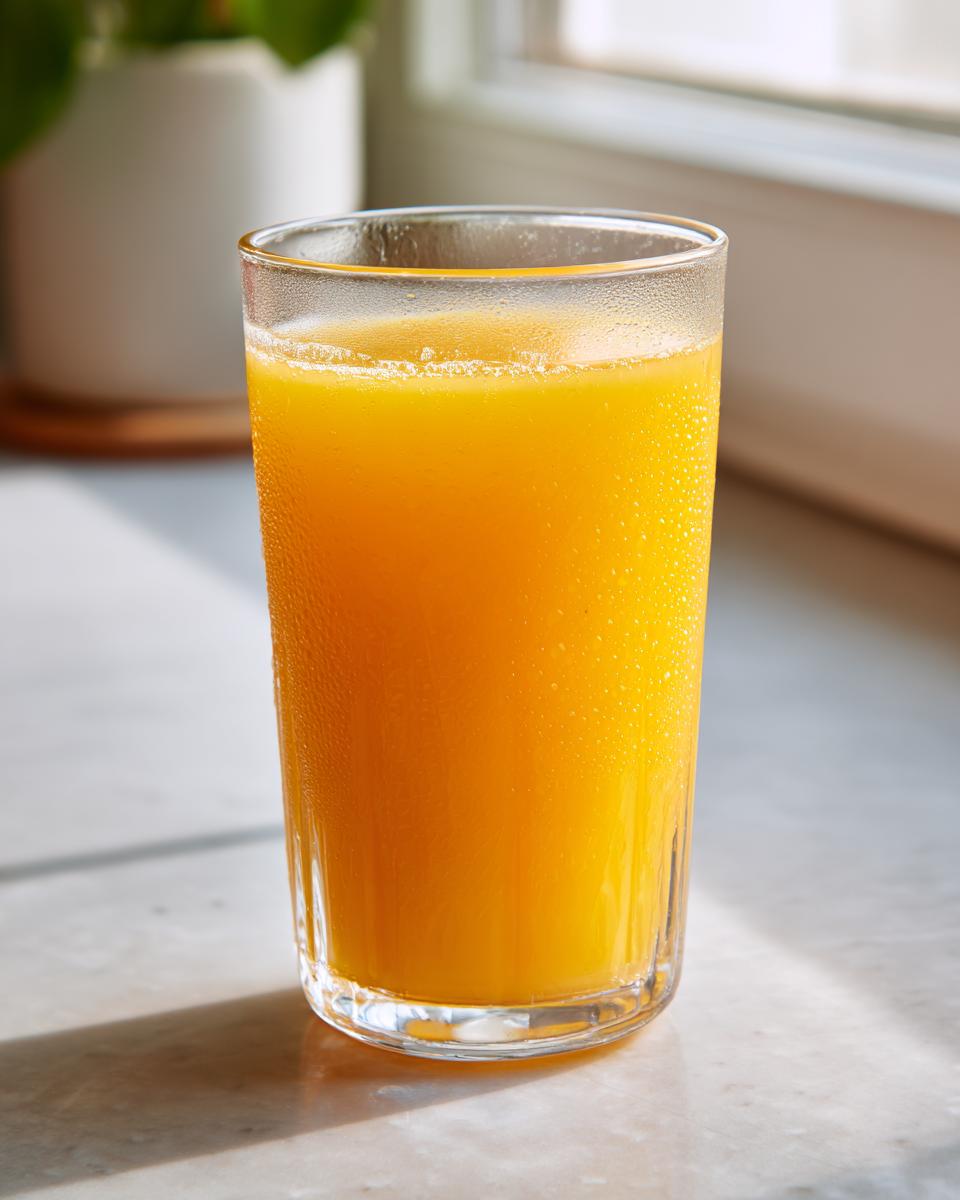 A tall glass filled with a vibrant orange Pineapple Spirulina Energizer drink, glistening with condensation.