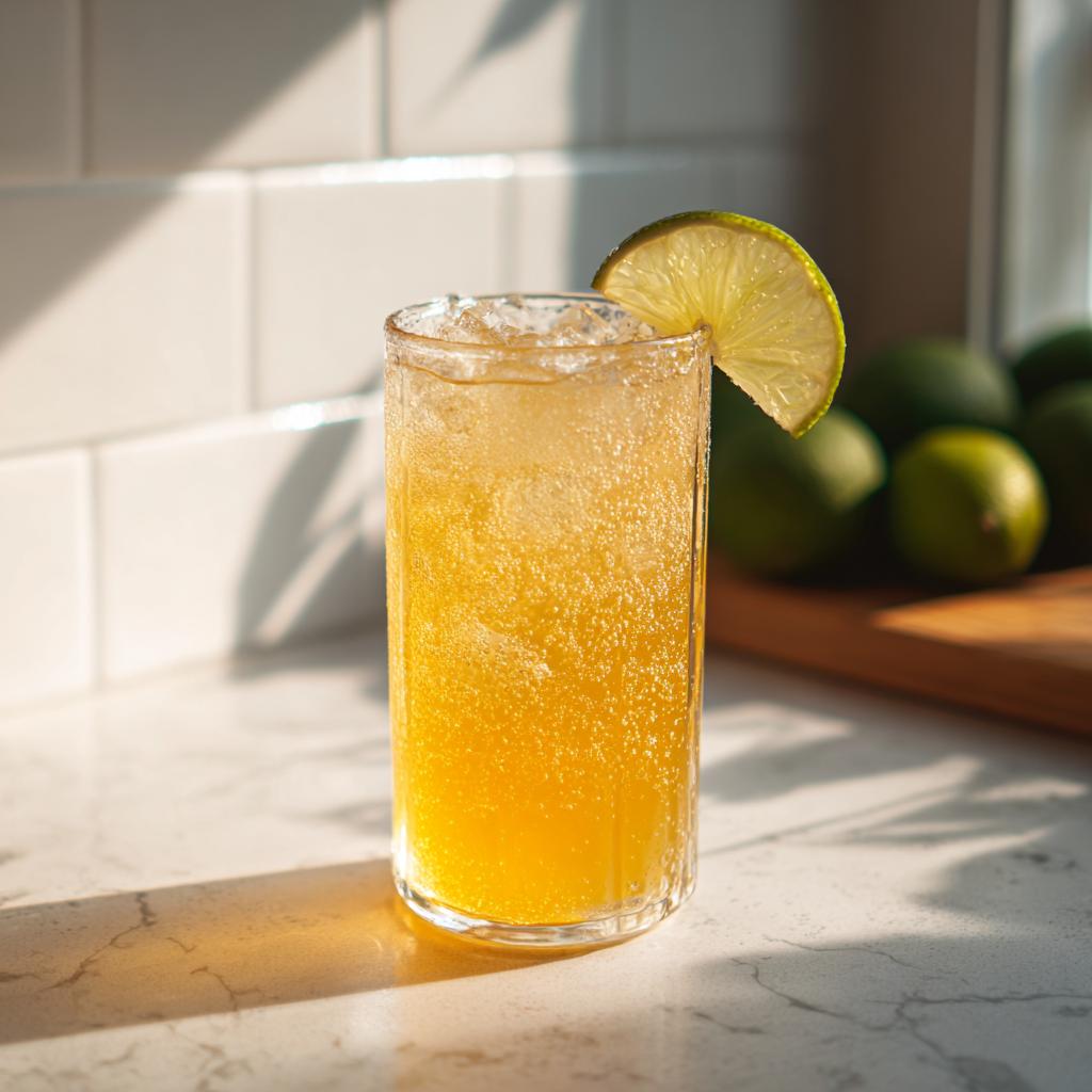 A tall glass filled with a bubbly Pineapple Spirulina Energizer drink, garnished with a lime wedge.