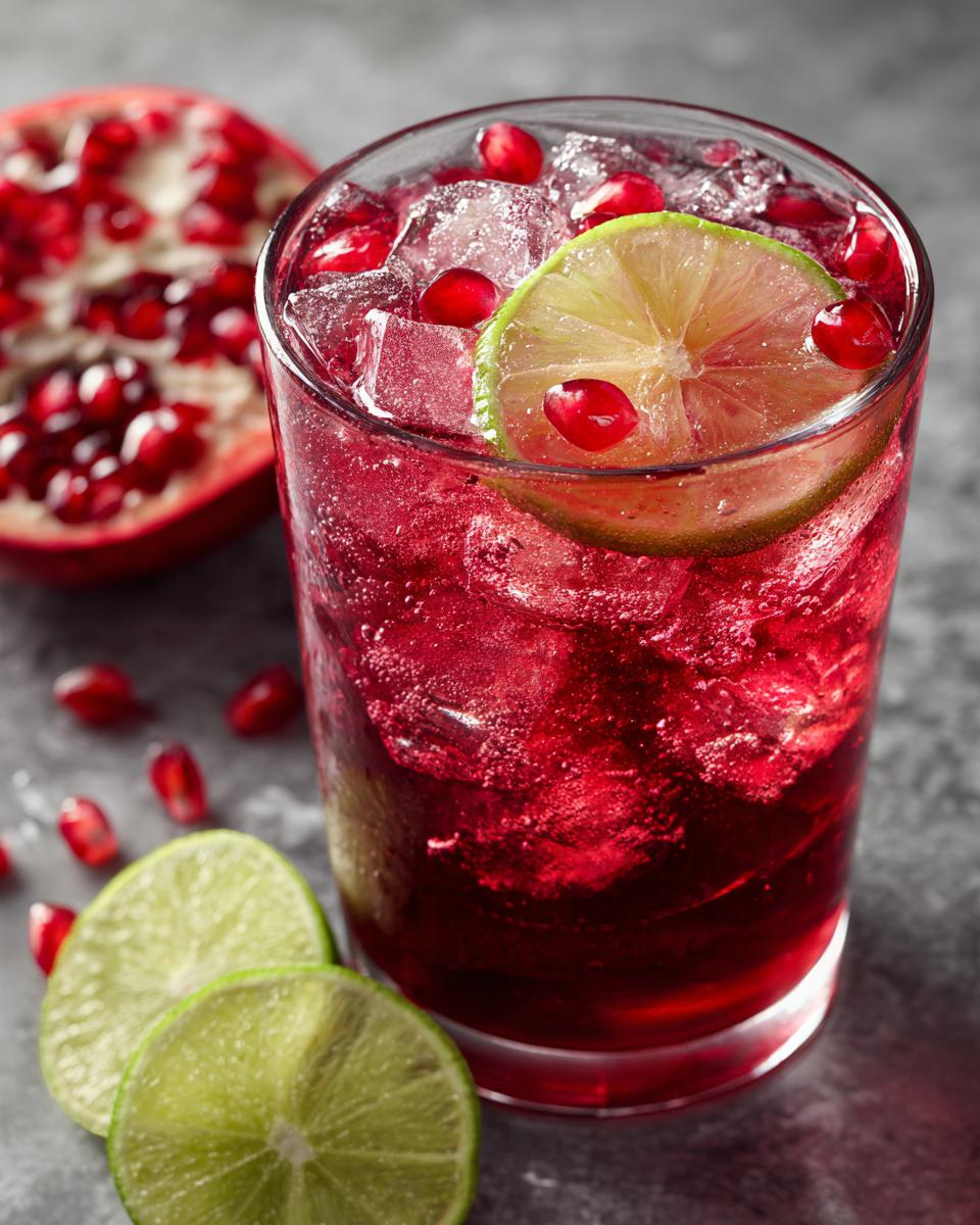 A tall glass filled with a vibrant red Pomegranate Lime Refresher, packed with ice, garnished with lime and pomegranate seeds.