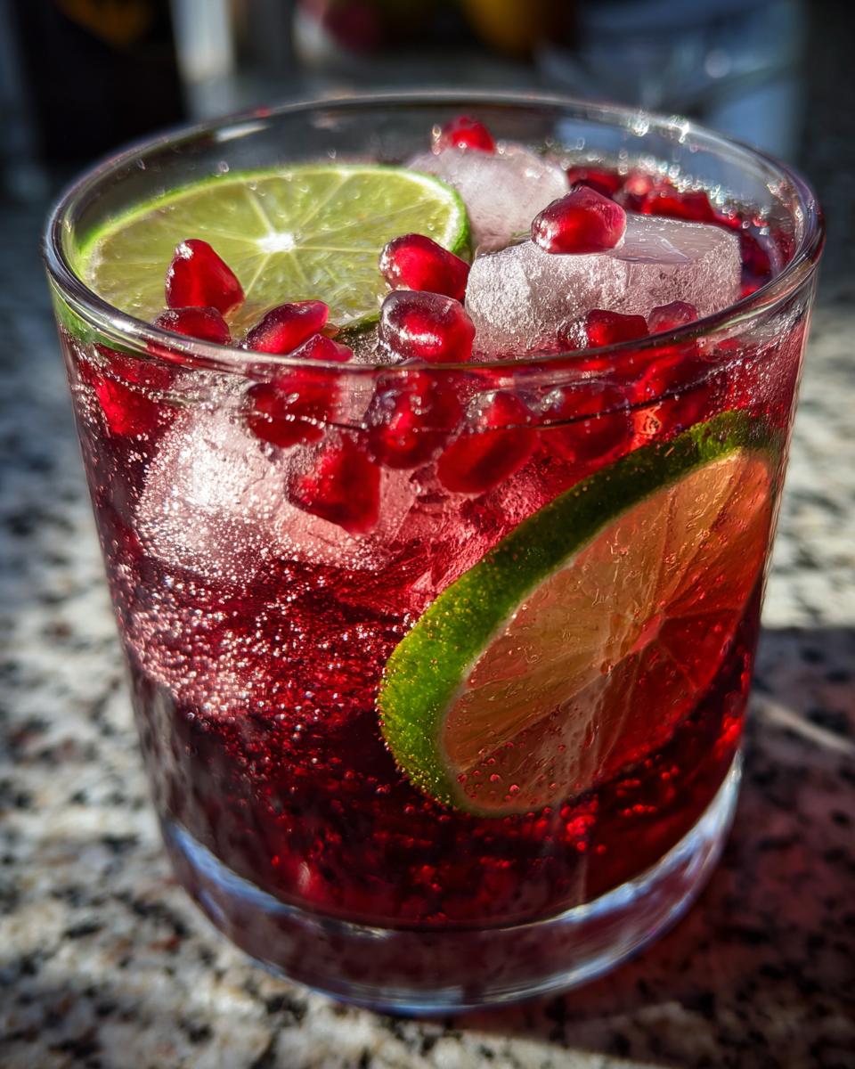 Close-up of a Pomegranate Lime Refresher with ice, lime slices, and pomegranate seeds.