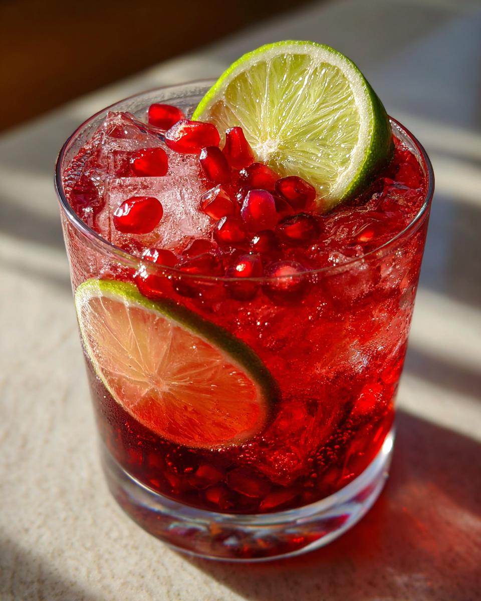 A close-up of a Pomegranate Lime Refresher in a glass, filled with ice, pomegranate seeds, and lime slices.