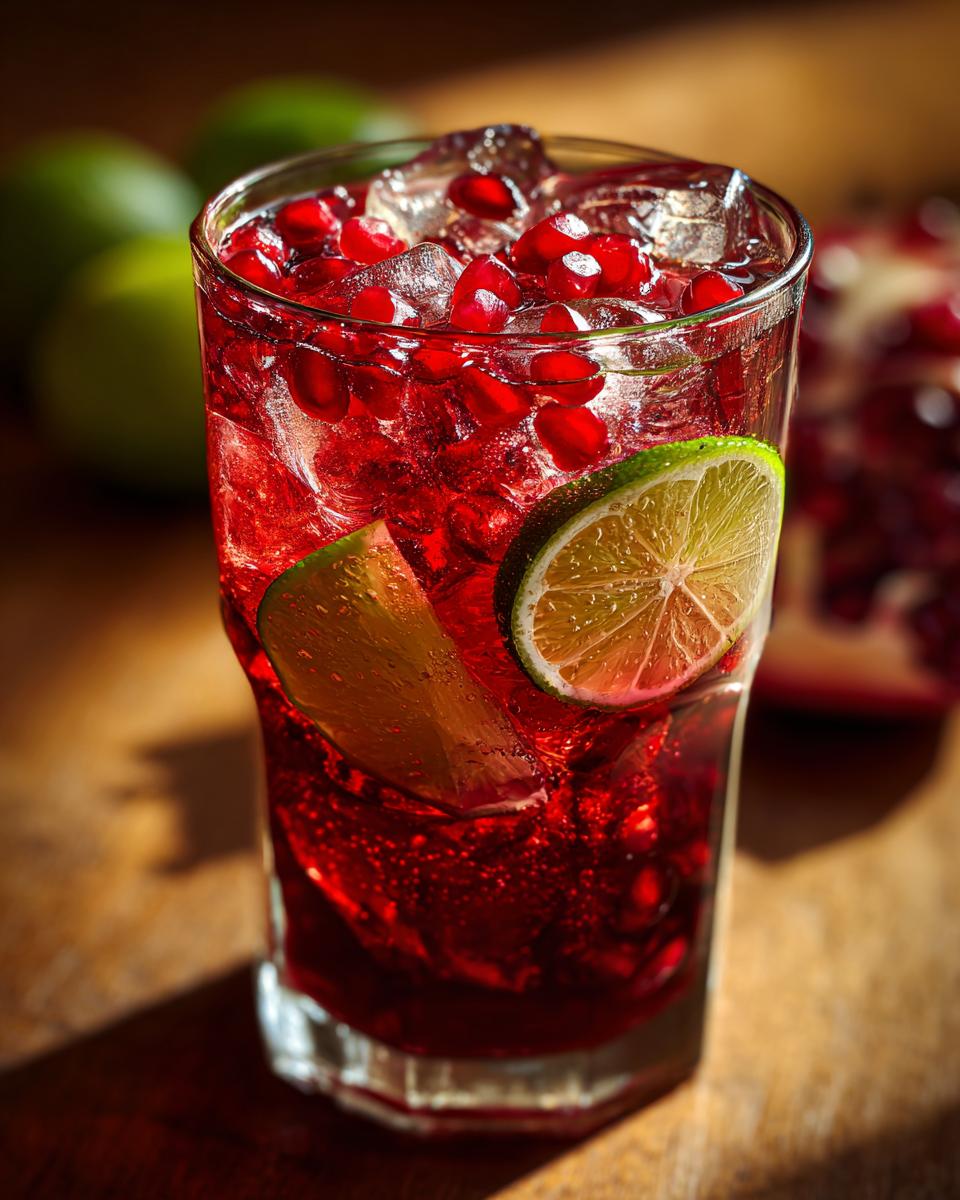 A tall glass filled with a vibrant Pomegranate Lime Refresher, packed with ice, pomegranate seeds, and lime slices.