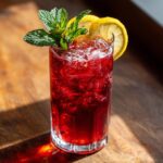 A tall glass filled with Raspberry Lemon Iced Tea Mocktail, packed with ice, garnished with mint and a lemon slice.