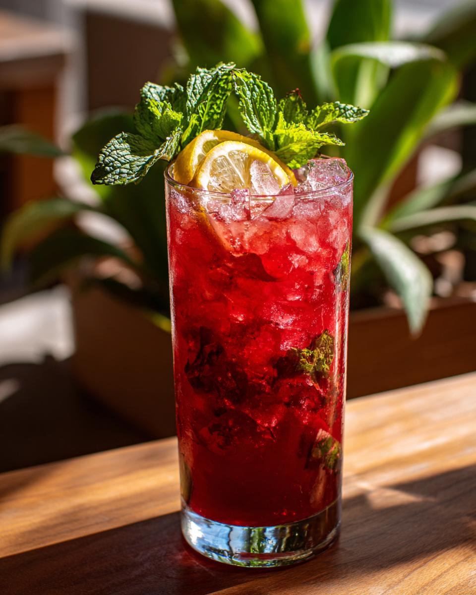 A tall glass filled with Raspberry Lemon Iced Tea Mocktail, crushed ice, mint, and lemon slices.