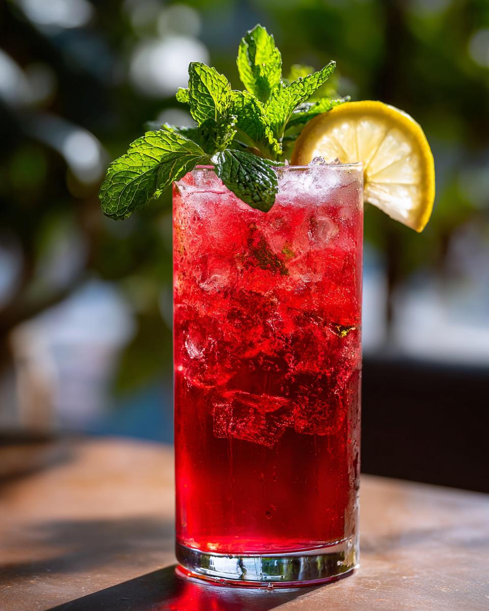 A tall glass filled with Raspberry Lemon Iced Tea Mocktail, crushed ice, mint, and a lemon slice.