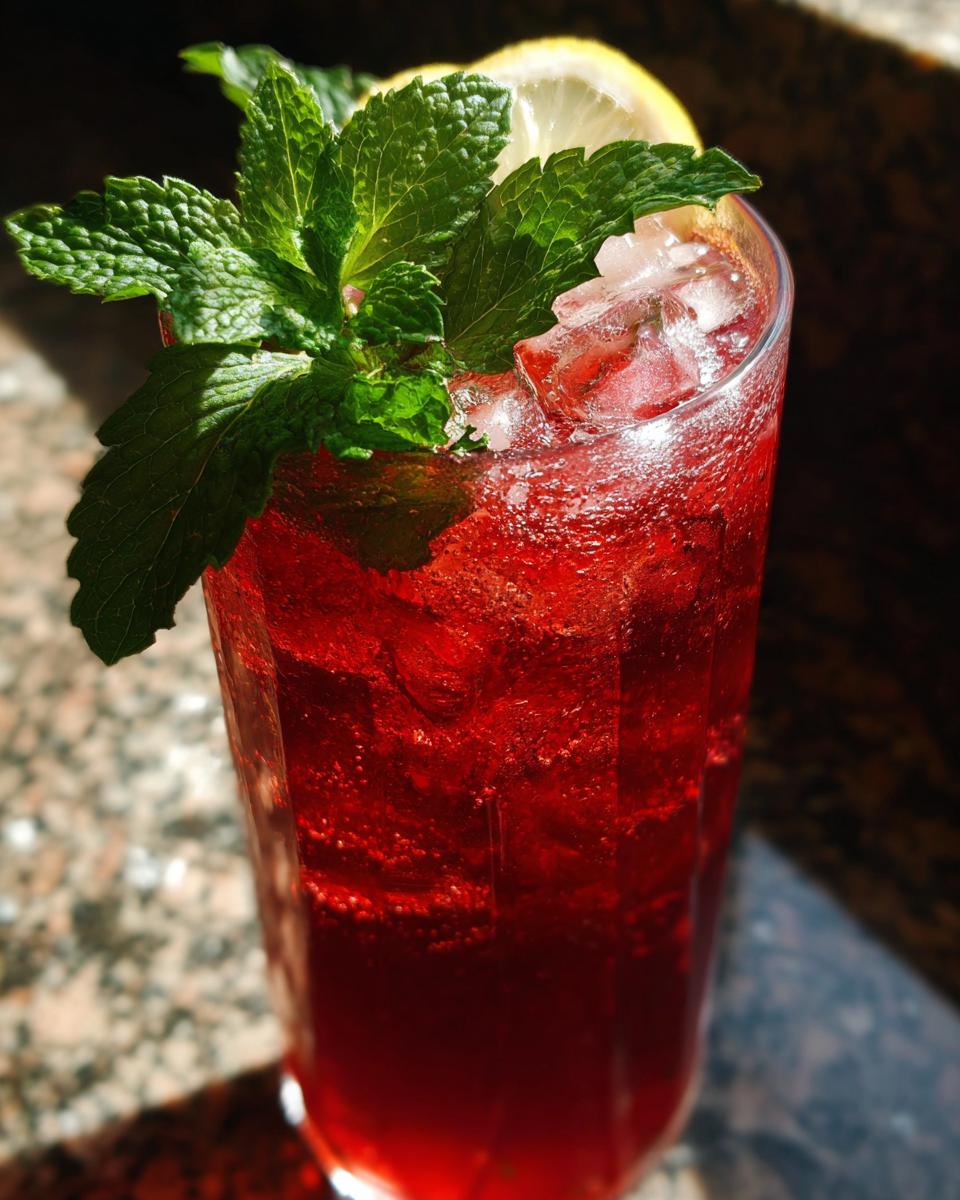 A tall glass filled with vibrant red Raspberry Lemon Iced Tea Mocktail, garnished with fresh mint and a lemon slice.