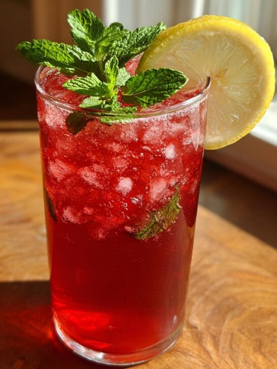 A tall glass of Raspberry Lemon Iced Tea Mocktail filled with ice, garnished with fresh mint and a lemon slice.
