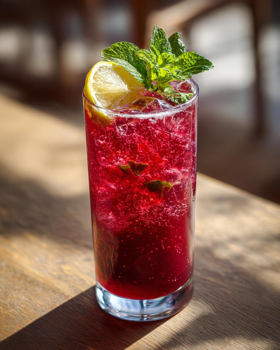 A tall glass filled with vibrant Raspberry Lemon Iced Tea Mocktail, garnished with a lemon slice and fresh mint.