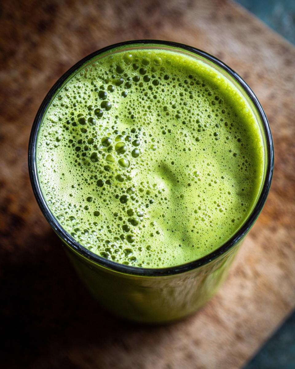 Top-down view of a vibrant green Spinach Avocado Power Smoothie with frothy foam.