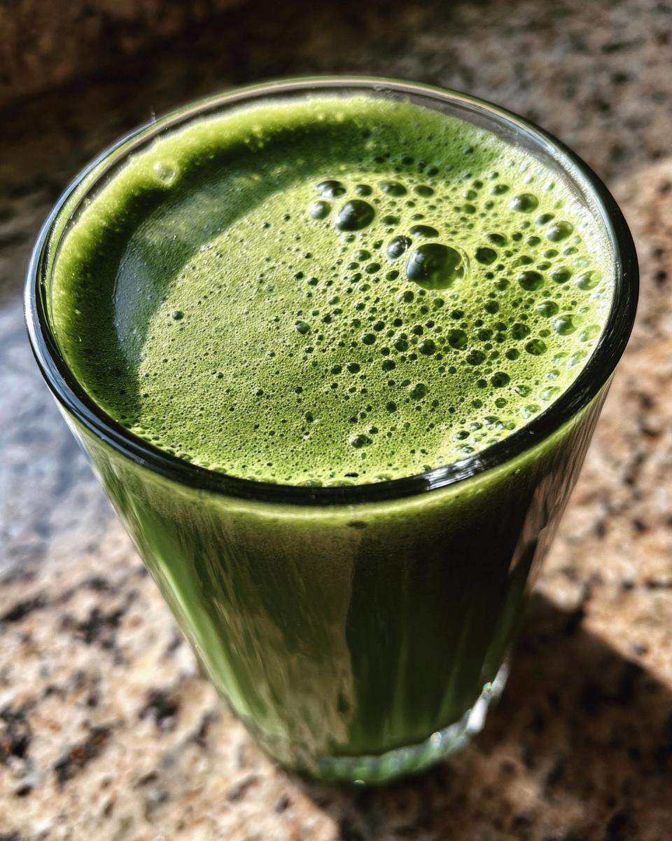 A close-up of a vibrant green Spinach Avocado Power Smoothie in a glass, topped with foam.