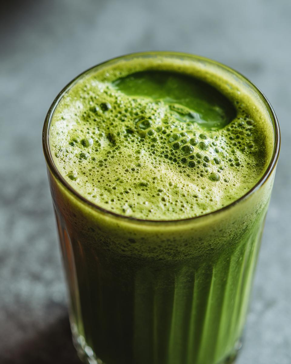 Close-up of a glass filled with a vibrant green Spinach Avocado Power Smoothie, topped with foam.