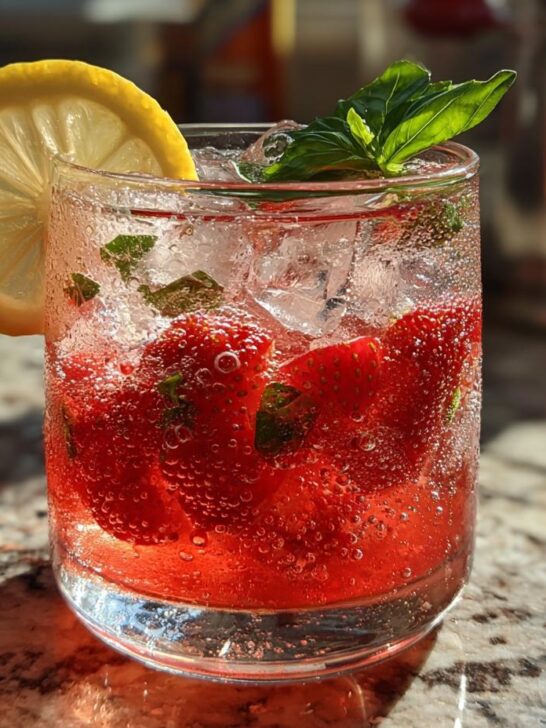 A close-up of a glass filled with Strawberry Basil Lemonade, featuring fresh strawberries, basil leaves, ice, and a lemon slice.