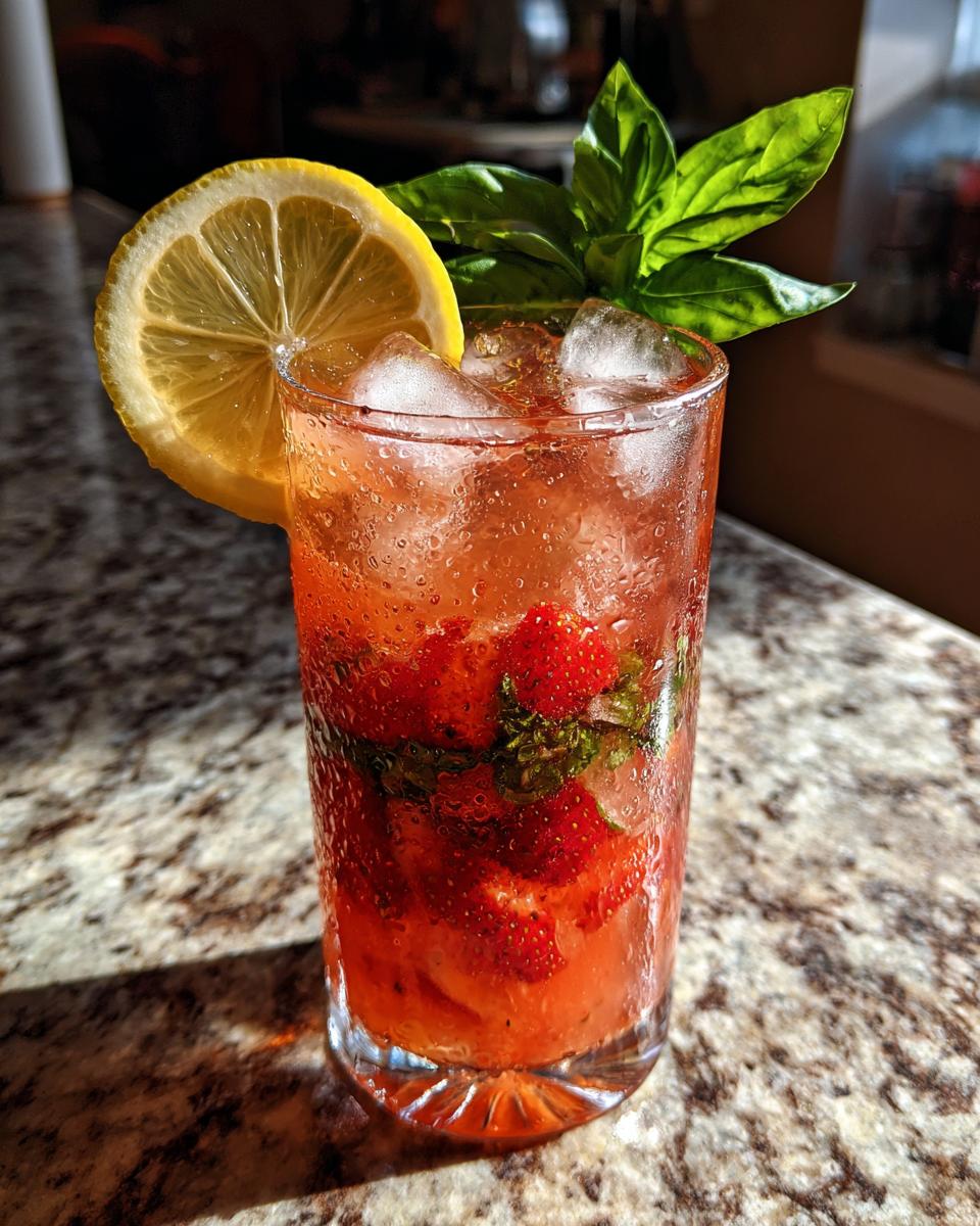 A tall glass filled with Strawberry Basil Lemonade, ice, fresh strawberries, basil leaves, and a lemon slice garnish.