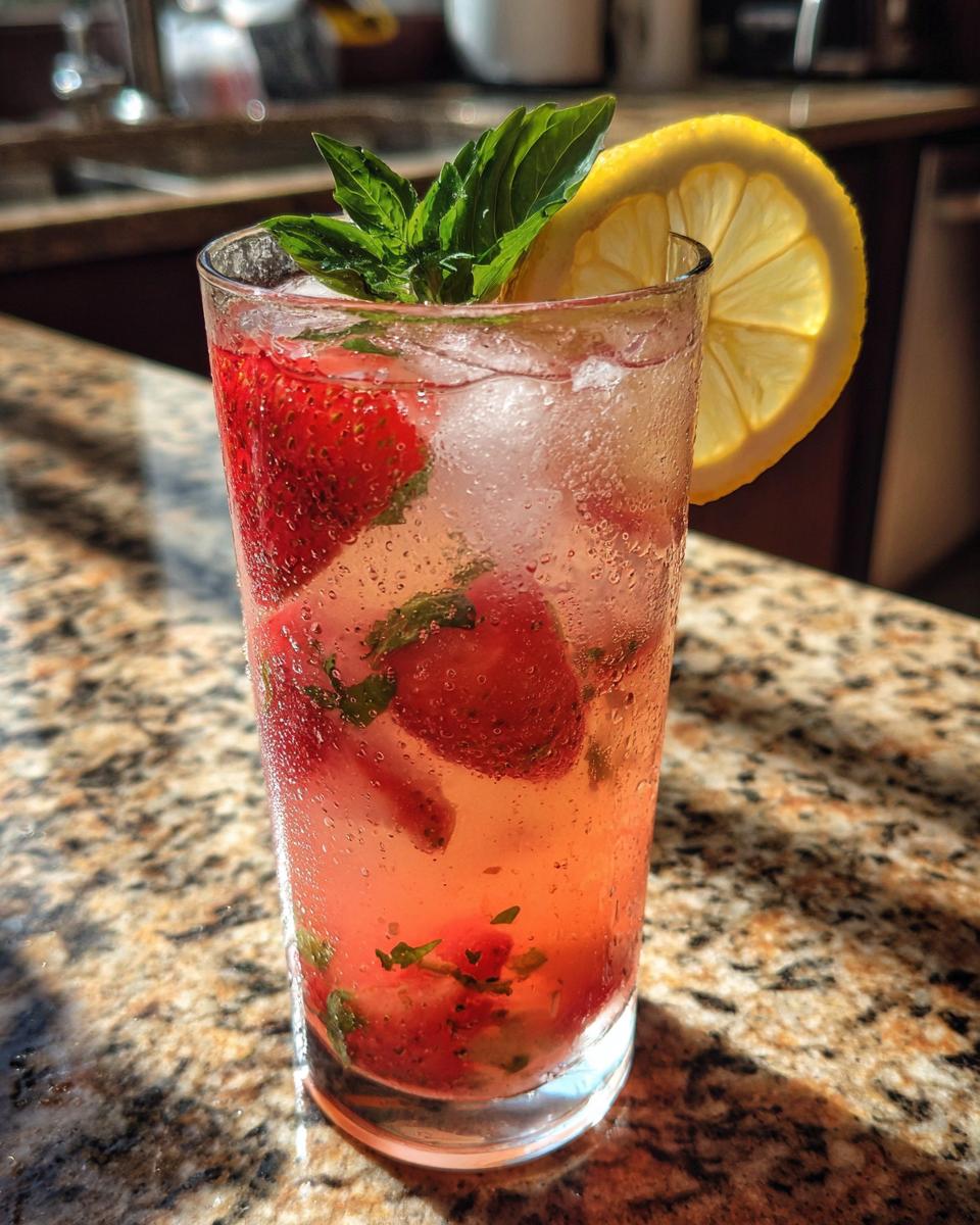 A tall glass filled with Strawberry Basil Lemonade, ice, fresh strawberries, basil leaves, and a lemon slice.
