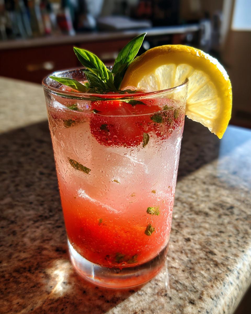 A tall glass of Strawberry Basil Lemonade with fresh strawberries, basil leaves, and a lemon slice, on a granite countertop.