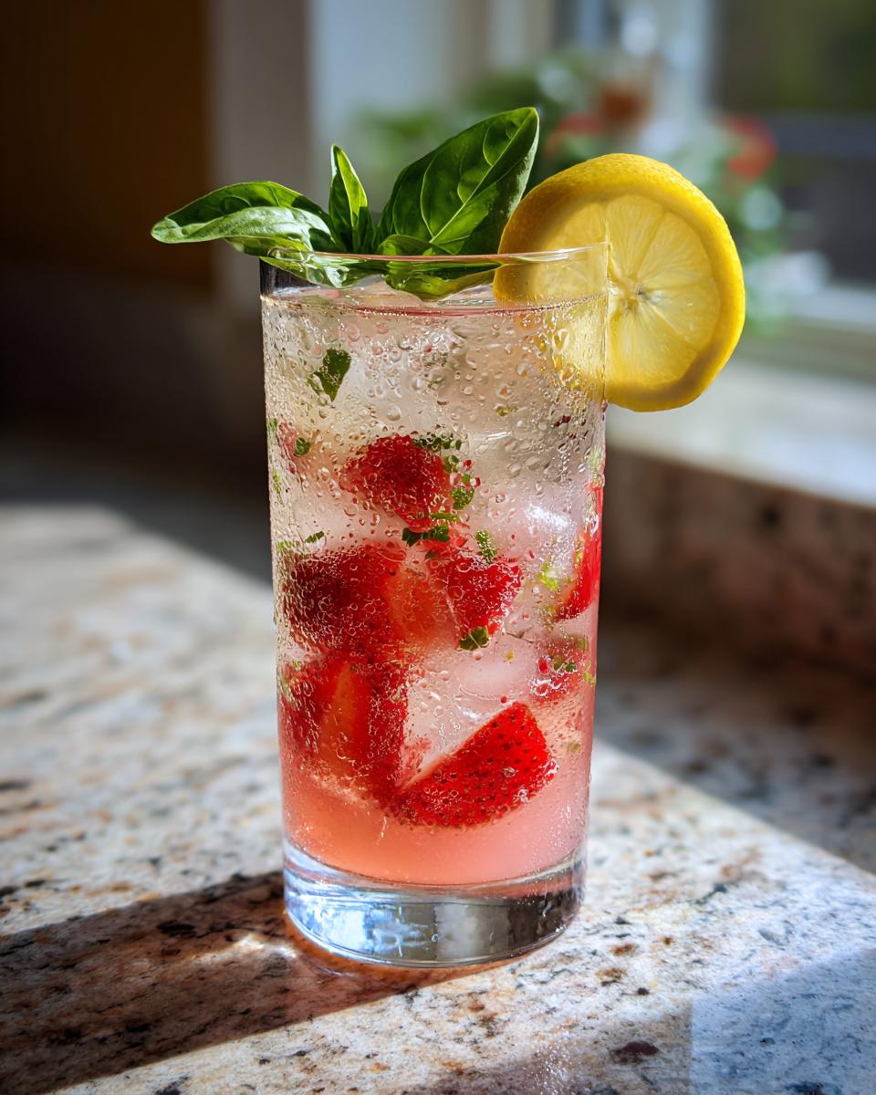 A tall glass of Strawberry Basil Lemonade filled with ice, fresh strawberries, basil leaves, and a lemon slice garnish.
