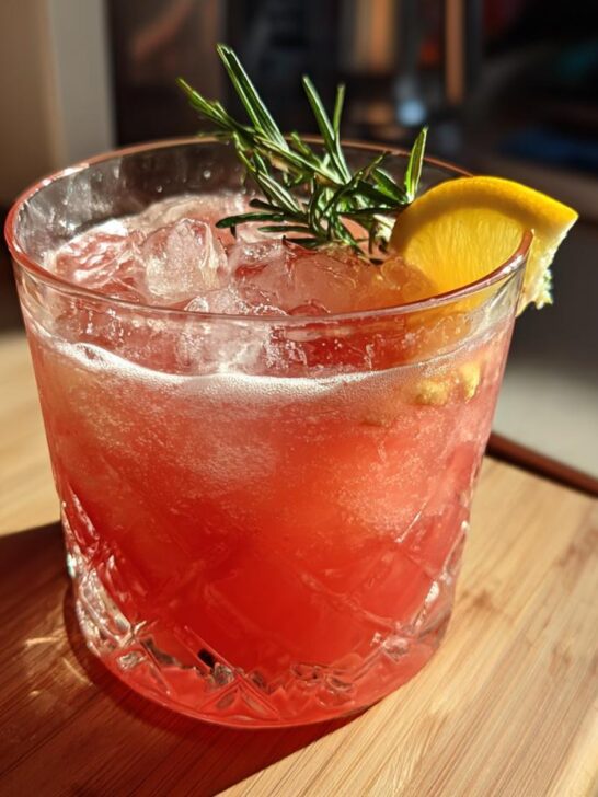 A refreshing Tropical Mango Coconut Mocktail in a glass with ice, garnished with a lemon slice and rosemary.