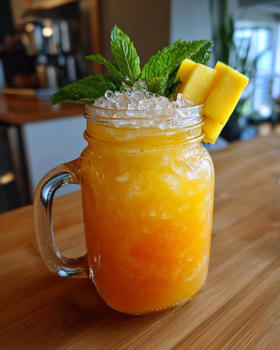 A vibrant Tropical Mango Coconut Mocktail in a mason jar, garnished with fresh mint and mango slices.