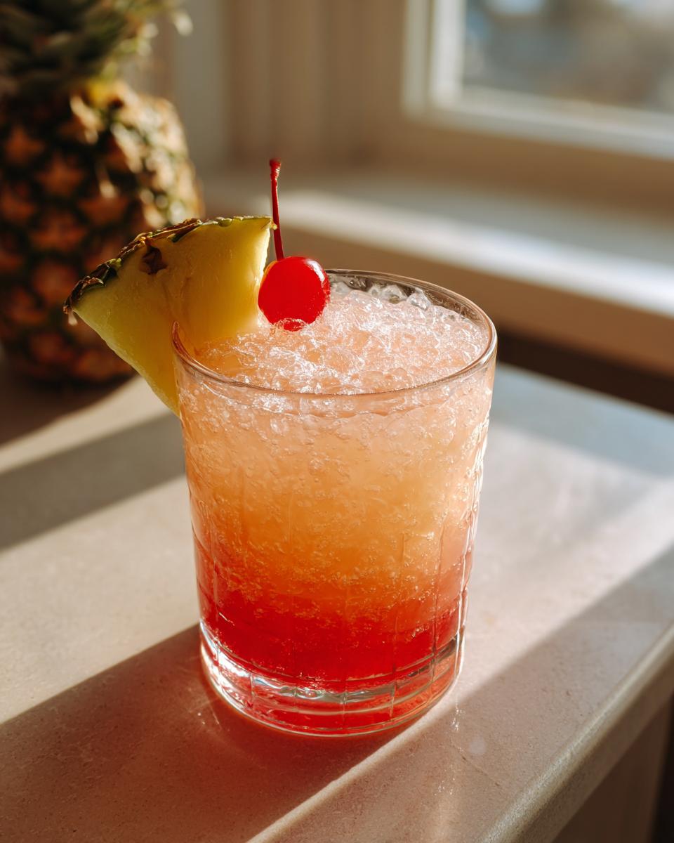 A refreshing Tropical Mango Coconut Mocktail garnished with a pineapple wedge and cherry, served over crushed ice.
