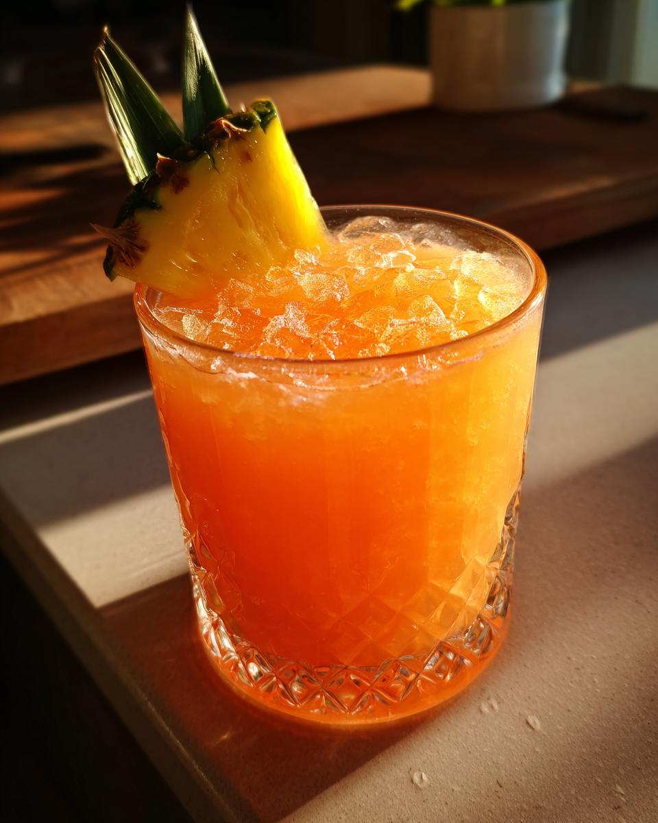 A refreshing Tropical Mango Coconut Mocktail served over crushed ice and garnished with a pineapple wedge and leaves.