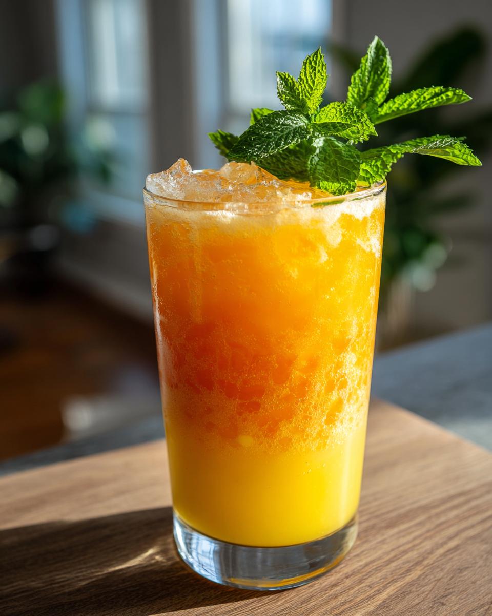 A tall glass filled with a vibrant orange Tropical Mango Coconut Mocktail, topped with crushed ice and fresh mint.
