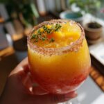 Close-up of a hand holding a Tropical Mango Coconut Mocktail with a sugared rim and fresh herbs.