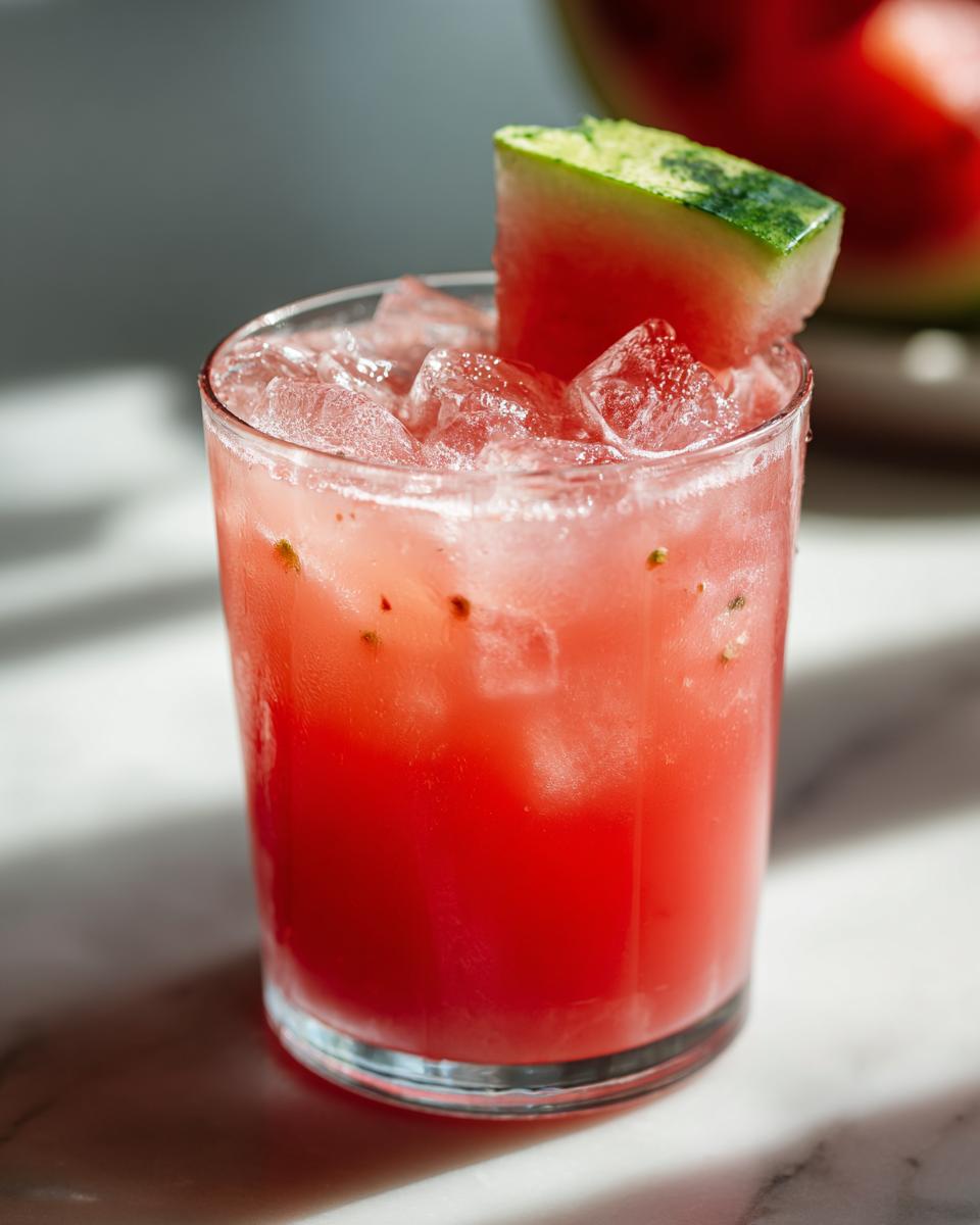 A close-up of a vibrant Watermelon Ginger Refresher in a glass, filled with ice and garnished with a watermelon wedge.