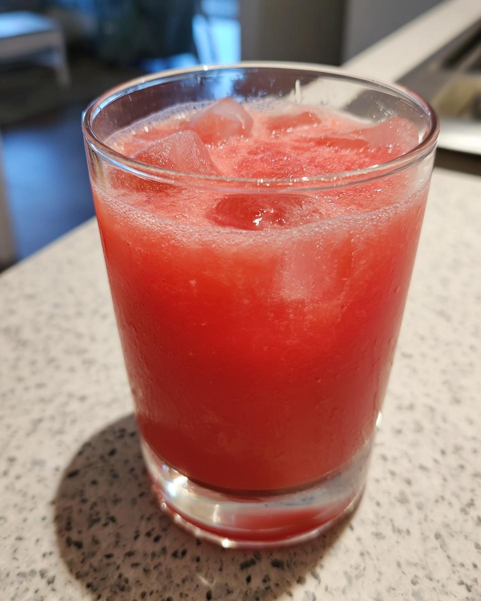 A close-up of a glass filled with a vibrant pink Watermelon Ginger Refresher, packed with ice cubes and topped with foam.