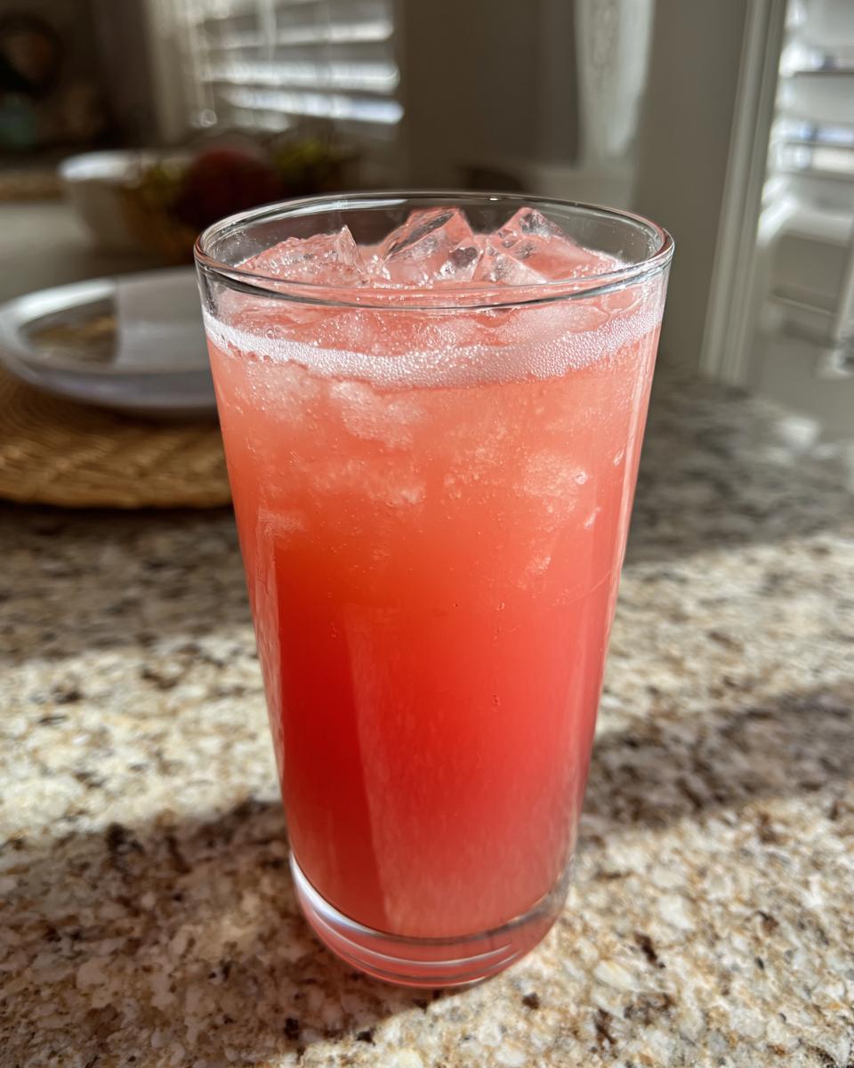 A tall glass filled with a vibrant pink Watermelon Ginger Refresher, packed with ice and topped with a frothy head.