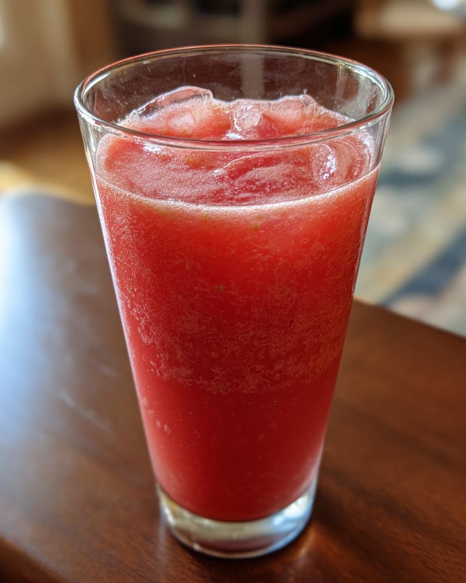 A tall glass filled with a vibrant red Watermelon Ginger Refresher, packed with ice.