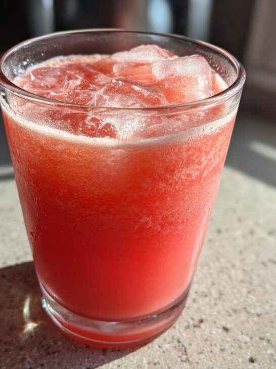 A close-up of a glass filled with a vibrant pink Watermelon Ginger Refresher, packed with ice.