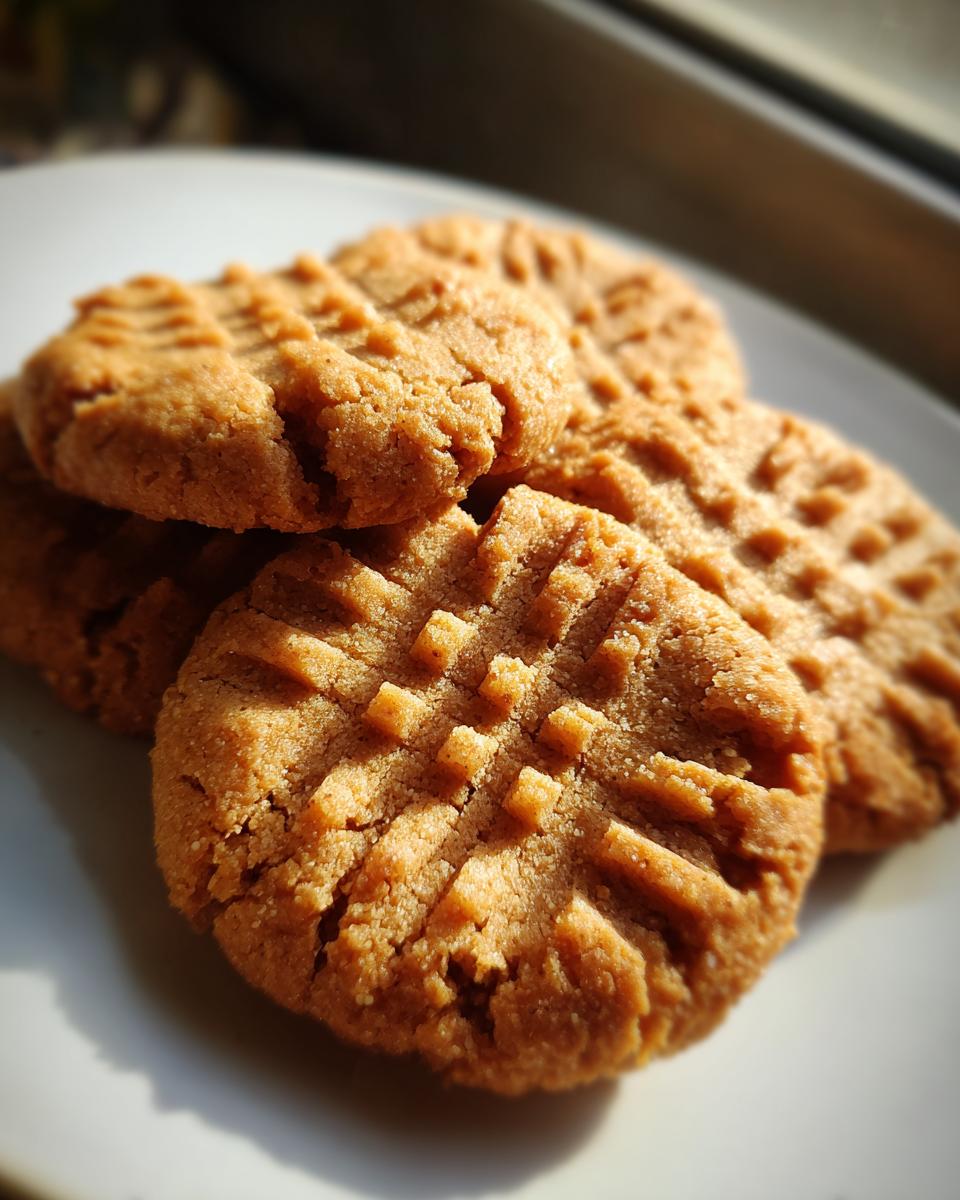 A stack of freshly baked Ingredient Peanut Butter Cookies showing classic crosshatch fork marks, bathed in sunlight.
