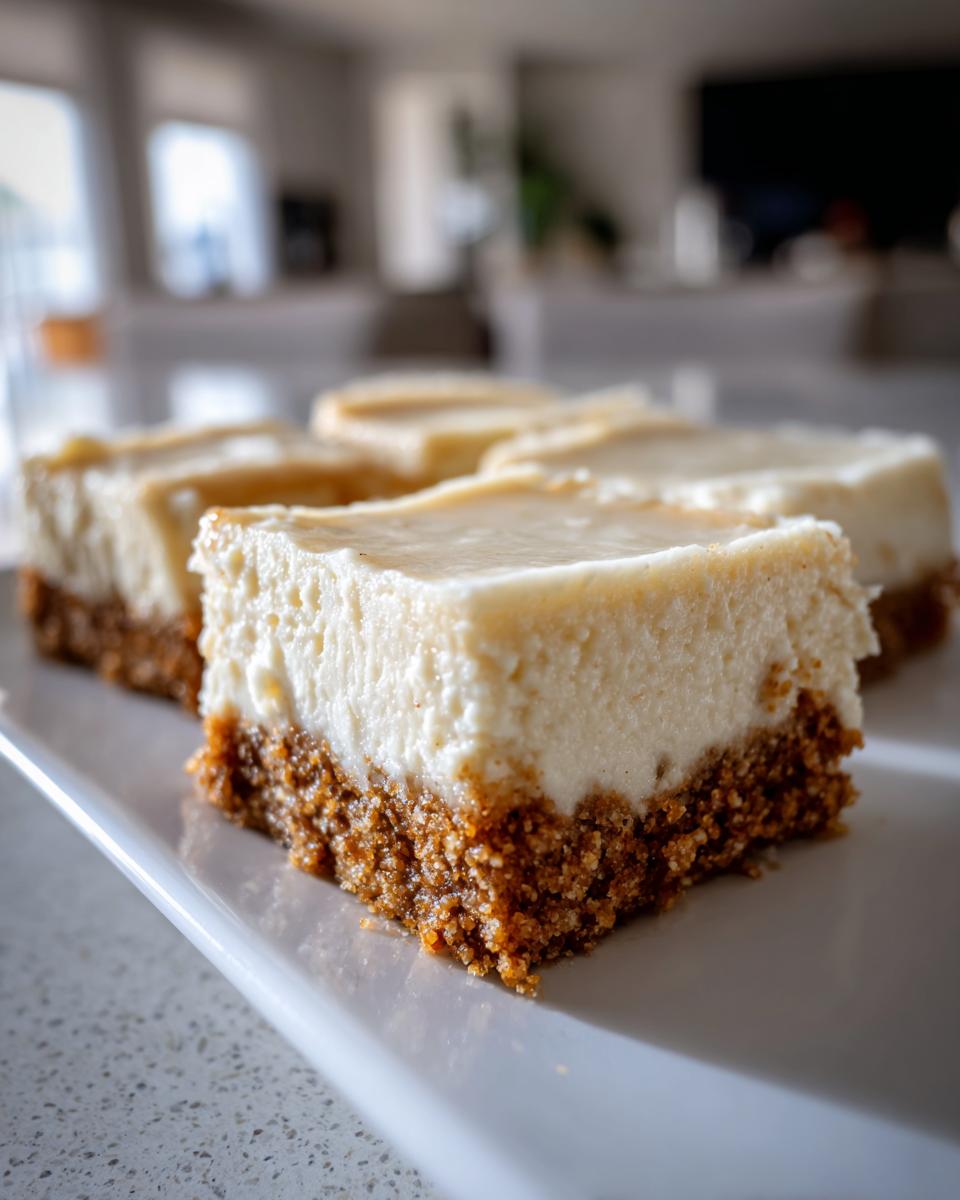 A close-up of a square portion of creamy Cheesecake Bars with a thick graham cracker crust, served on a white platter.
