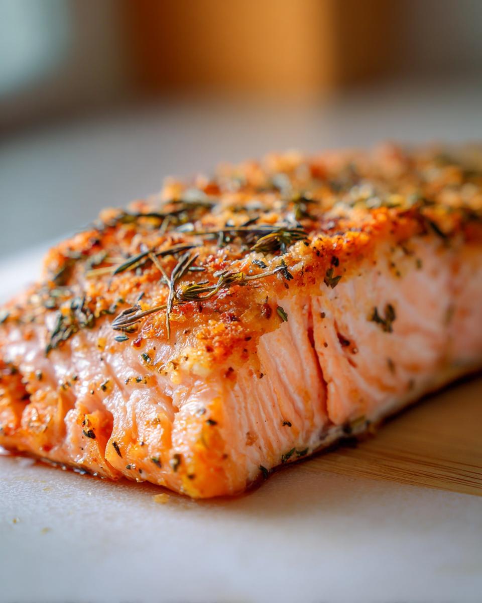 Close-up of a flaky, seasoned Air Fryer Salmon fillet with herbs and spices.