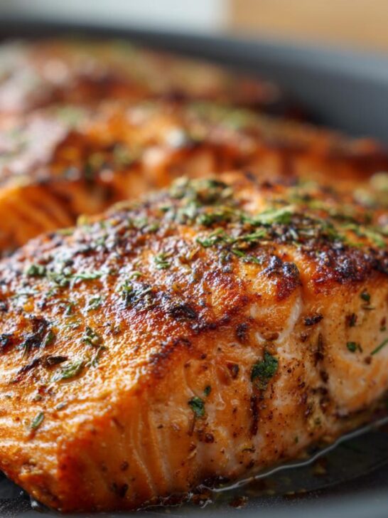 Close-up of seasoned and perfectly cooked Air Fryer Salmon fillets in a dark air fryer basket, sprinkled with herbs.