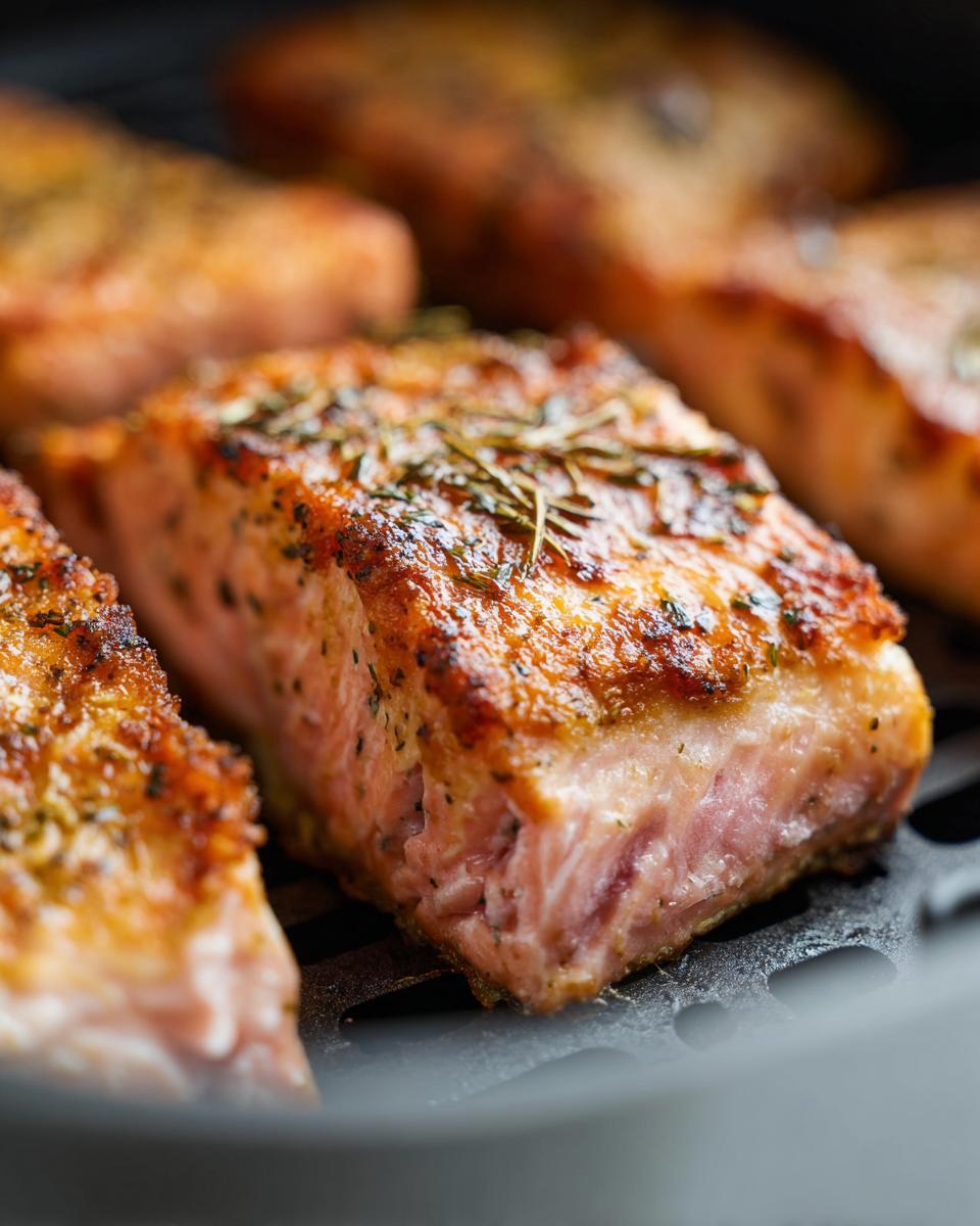 Close-up of perfectly cooked Air Fryer Salmon fillets with crispy skin and herbs.