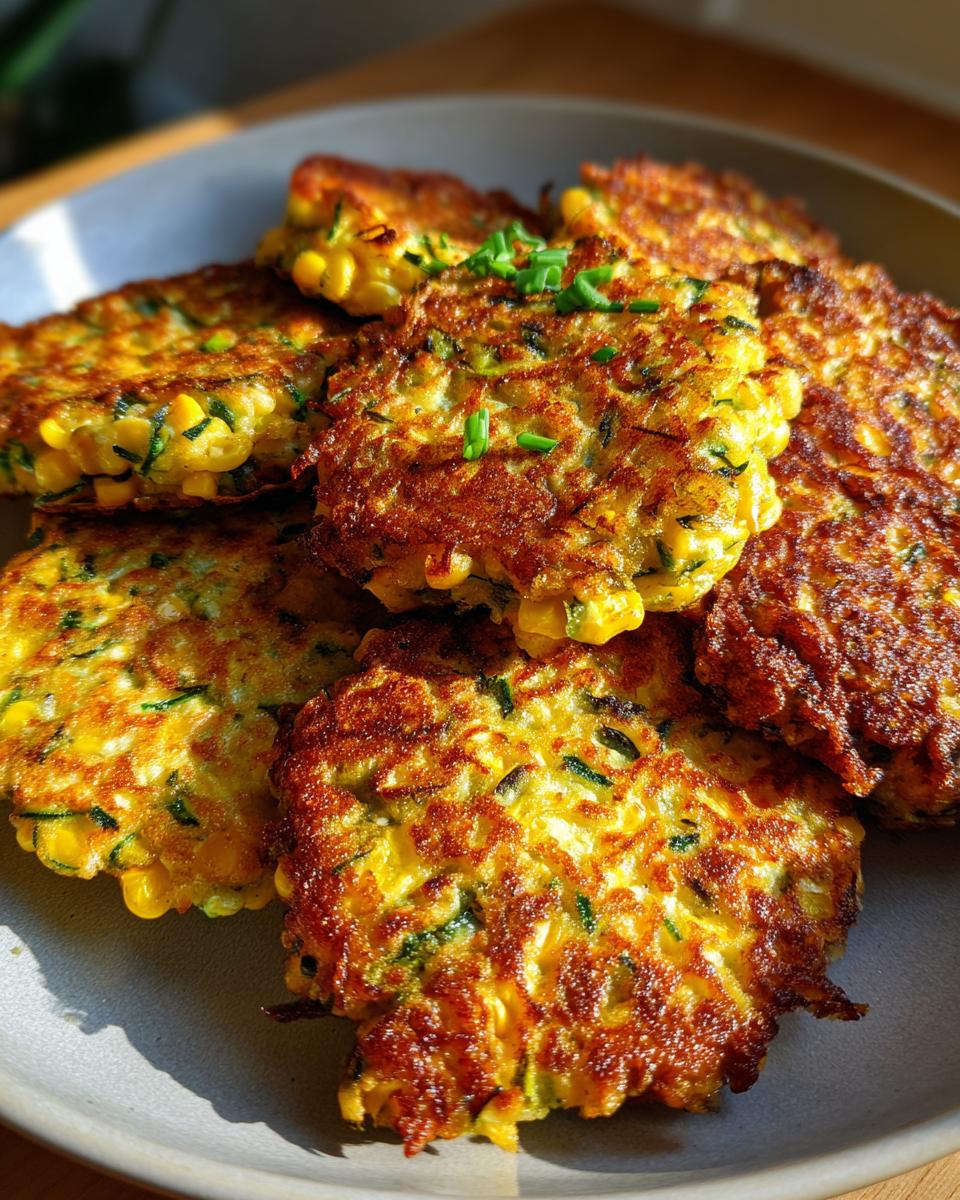 A pile of golden-brown Air Fryer Zucchini Corn Fritters on a gray plate, garnished with chives.