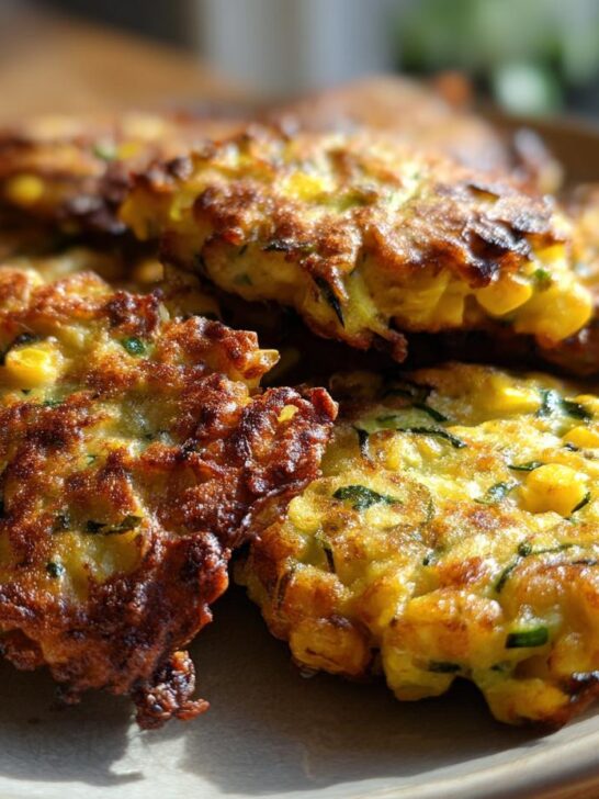 A close-up of golden-brown Air Fryer Zucchini Corn Fritters piled on a plate, showing visible corn kernels and shredded zucchini.
