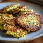 A plate of golden-brown Air Fryer Zucchini Corn Fritters, showcasing visible corn kernels and zucchini shreds.