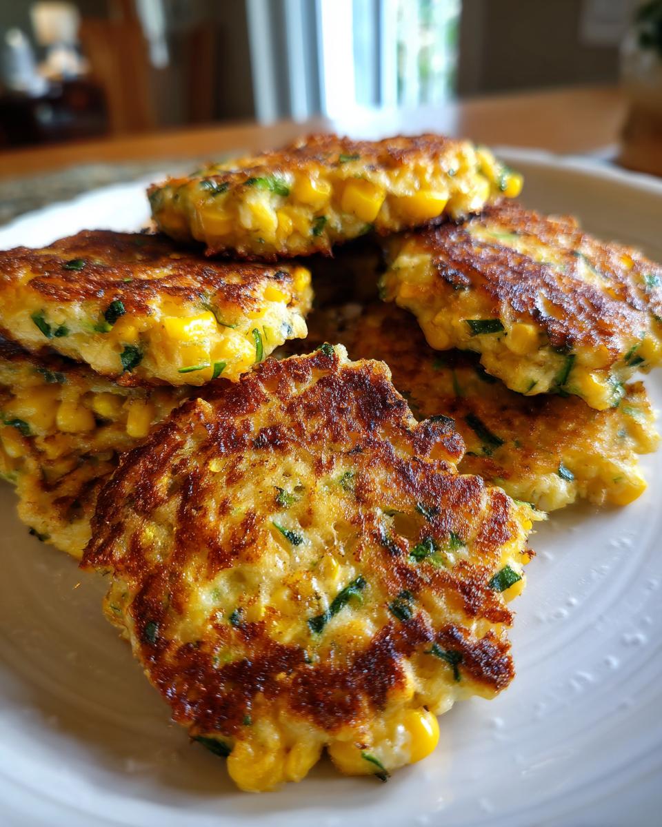 A stack of golden brown Air Fryer Zucchini Corn Fritters, showing visible corn kernels and green herbs.