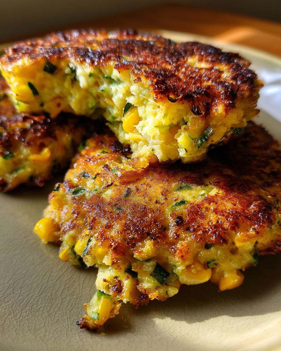 Close-up of golden-brown Air Fryer Zucchini Corn Fritters stacked on a plate, showing corn kernels and zucchini pieces.