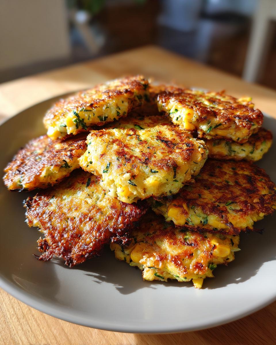 A stack of golden-brown Air Fryer Zucchini Corn Fritters on a gray plate, showcasing corn kernels and flecks of green herbs.