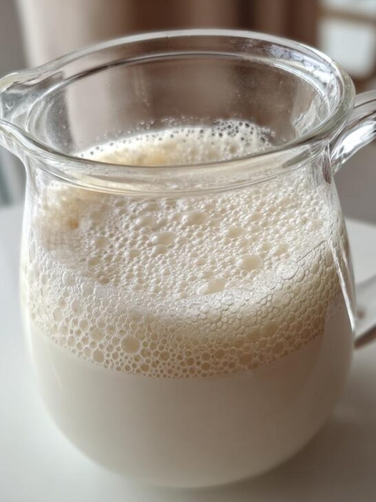 A glass pitcher filled with frothy, fresh almond milk, made without soaking.