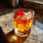 A perfectly crafted Amaretto Sour cocktail served over ice with two maraschino cherries on top.